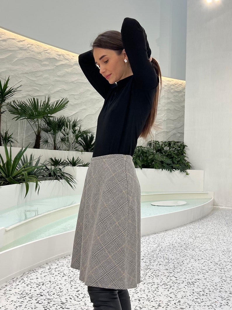 Plaid skirt, gray skirt, wool skirt, boho skirt, aline skirt, knee length skirt, formal skirt, elegant AMBER skirt, minimalist, spring image 4