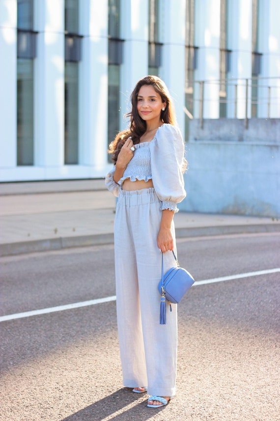 Buy Two Piece Linen Set, Linen Palazzo Pants and Linen Crop Top