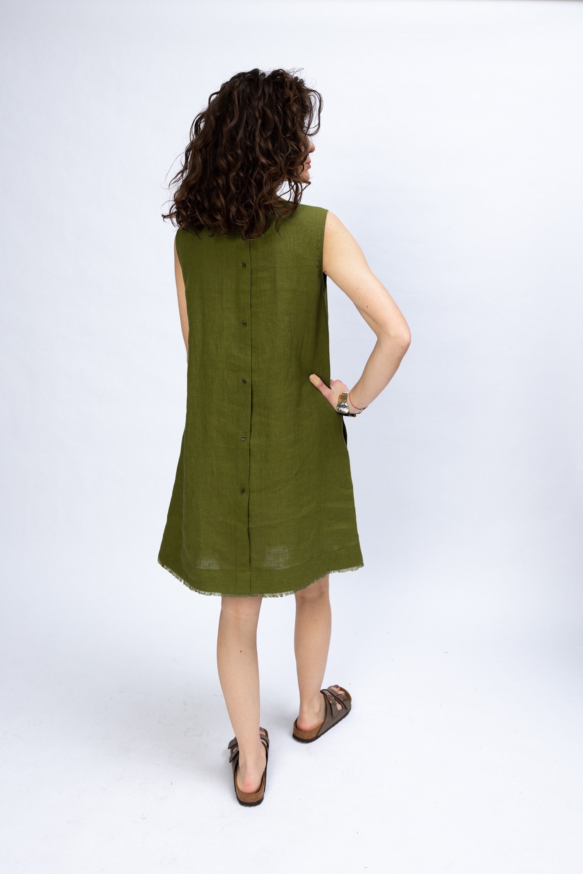 knee length dresses for ladies Dark green Linen Shirt Dress