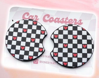 Black & White Check Hearts Car Coaster | Car Coasters | Cup Coasters