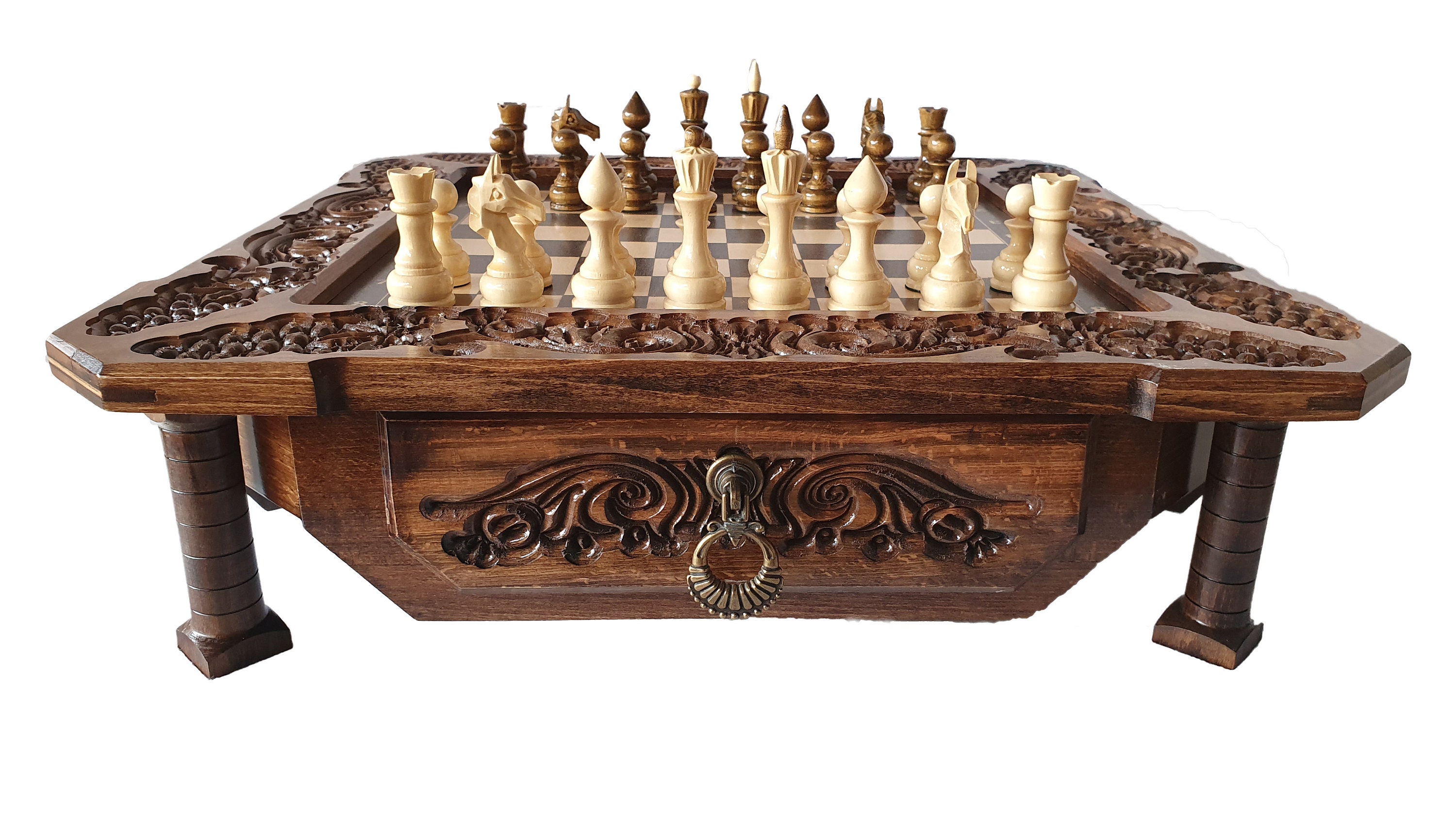 Armenian Handmade Chess and Backgammon Set "CROWN" Carving Gift board game 