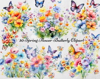 Fleurs sauvages papillon Clipart 30 fichiers png avec fond transparent Clipart printemps jardin Clipart floral aquarelle papillon Bundle