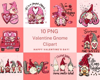 Valentines Day Gnome Clipart Bundle, Valentines day Gnome, Gnome png designs, With Transparent Background, Commercial Use, Set of 10