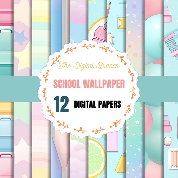 Pastel School Supplies Seamless Digital Papers, Back to school,School Rules,Class room,Background,Pattern,Instant download Illustration