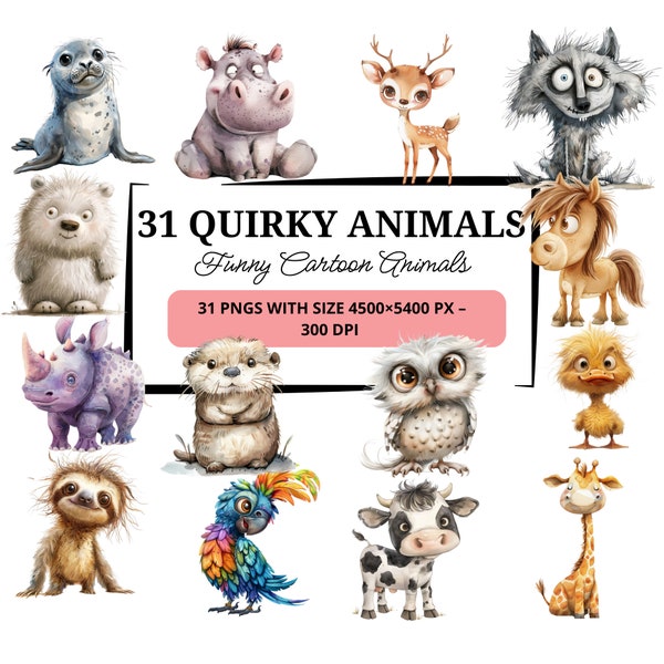 Quirky Animals PNG Clipart Bundle Whimsical Safari animals dog cat dinosaur Sublimation clip art Whimsy Birthday graphics Silly illustration
