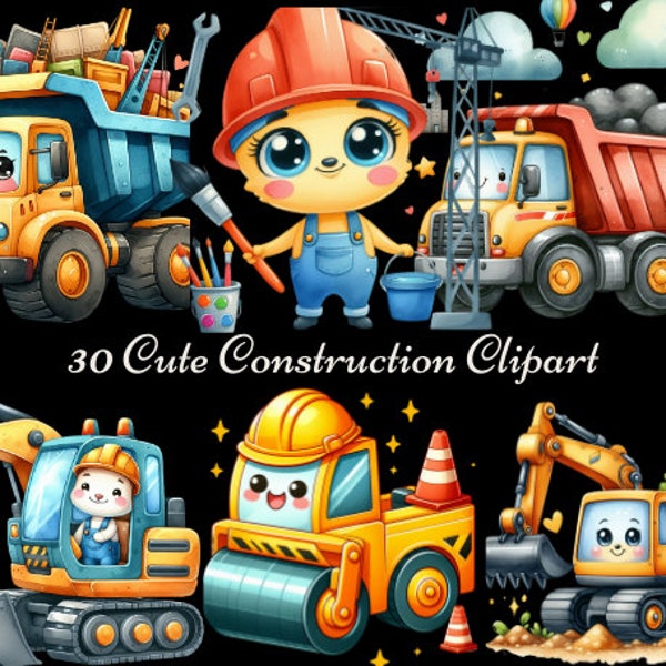 Watercolor Construction Vehicles Clipart Excavator Bulldozer Cement Mixer Tractor Illustrations Instant Download for Commercial Use