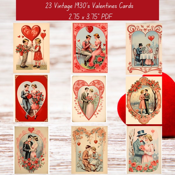 Vintage 1930s Valentine's Day Illustrations Images, Retro Greeting Card Printable, Instant Digital Download, Romantic Valentines PNG