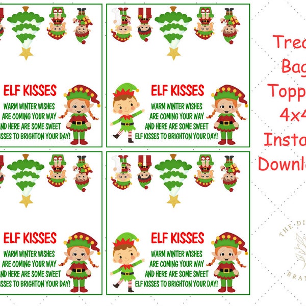 Elf Kisses Cookie Bag Topper, Christmas Treat Bag Toppers, Printable Christmas Cookie Bag Topper, Candy Cane Topper, Bag Toppers