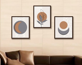 Set van Boho kunst prints Sun Moon Moderne Muur prints Minimalistische Digitale Botanische Afdrukbare kunst DIgital muur print