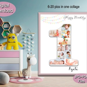 Collage fotografico del primo compleanno, collage personalizzato del primo compleanno, collage fotografico numero uno, 1 ° compleanno, collage di foto per bambini