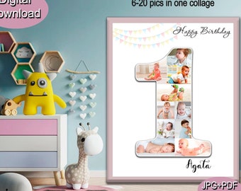 May include: A digital download of a printable collage featuring a number one with a pink background and a banner that says "Happy Birthday". The collage is designed to hold 6-20 photos and includes the name "Agata".