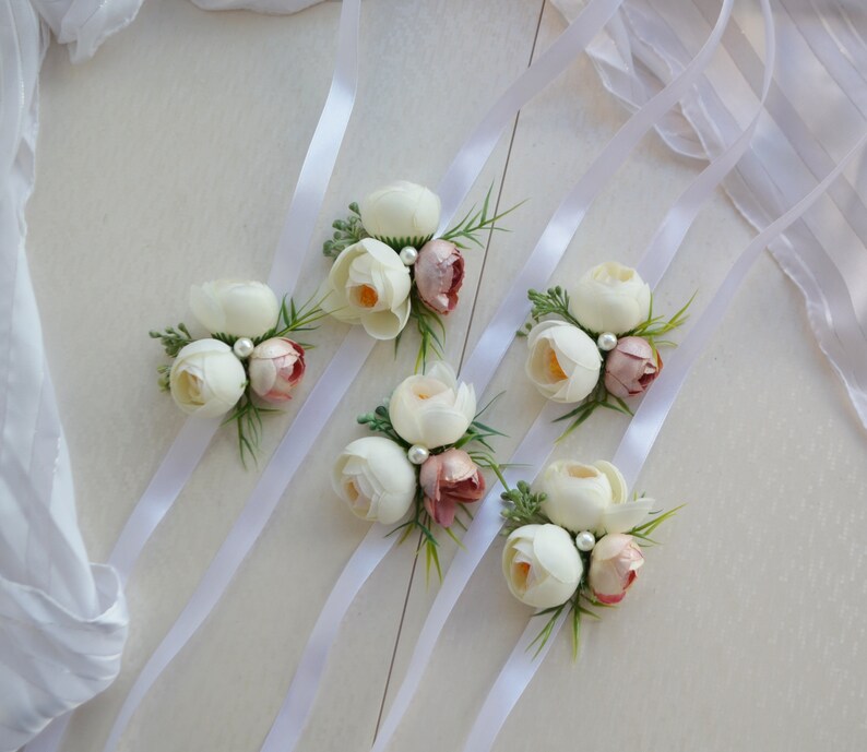 Small wrist corsage White Pink Bracelet Bridesmaids Flowers Etsy