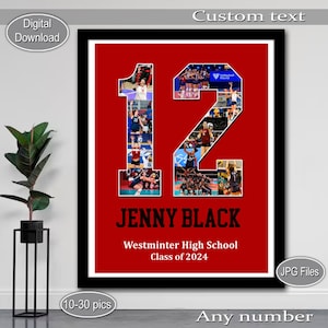 May include: A red background with a large number 12 made of volleyball photos. The text "JENNY BLACK" is below the number, followed by "Westminster High School" and "Class of 2024".