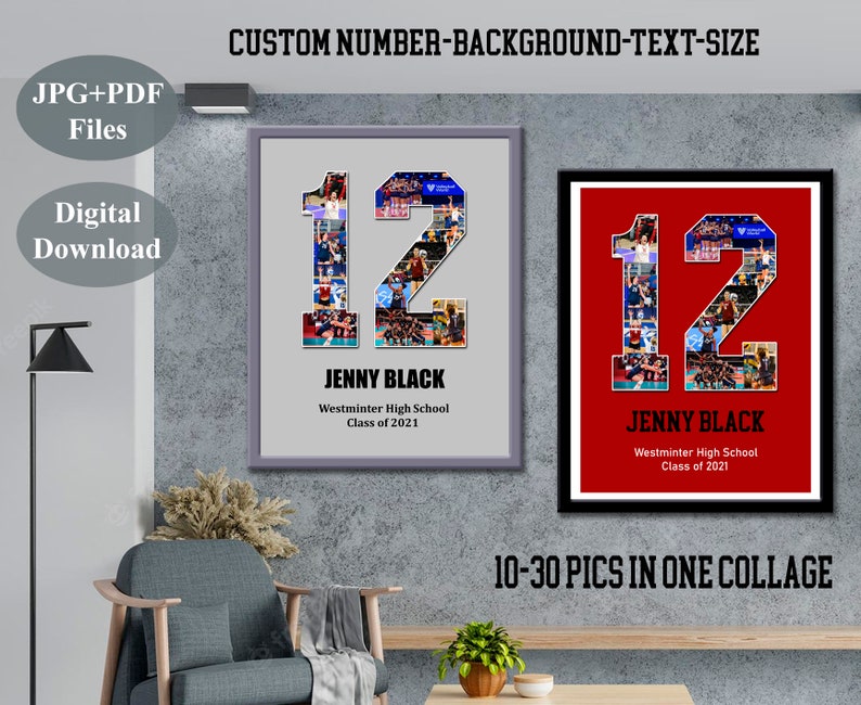 Collage de números deportivos Baloncesto Regalo para la noche de graduación Ideas de regalos de béisbol para graduados Regalo de fútbol para graduados Póster fotográfico de béisbol para graduados imagen 3