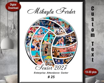 May include: A rectangular poster featuring a volleyball-shaped collage of multiple action photos of a player. The text reads Mikayla Ferder, Senior 2027, Enterprise Attendance Center, and # 25. The design is set against a white background with black borders.