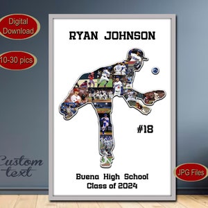 May include: A digital download of a baseball player silhouette made of photos. The silhouette is of a baseball player pitching. The player's name is RYAN JOHNSON and the number 18 is on the uniform. The text Buena High School Class of 2024 is at the bottom of the image.