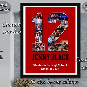 May include: A red background with a large number 12 made of photos of volleyball players. The text "JENNY BLACK" is below the number, followed by "Westminster High School" and "Class of 2023".