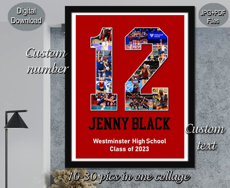 May include: A red background with a large number 12 made of photos of volleyball players. The text "JENNY BLACK" is below the number, followed by "Westminster High School" and "Class of 2023".