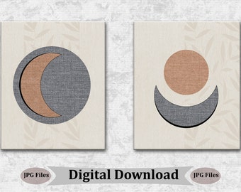 Sun Moon prints set Modern Minimalist Wall Art Mid Sentury Printable Art Boho Set of 2 digital prints