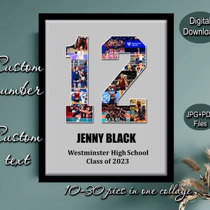 May include: A digital collage of photos in the shape of the number 12. The collage is in black and white with a gray background. The text "JENNY BLACK" is below the number, followed by "Westminster High School" and "Class of 2023".