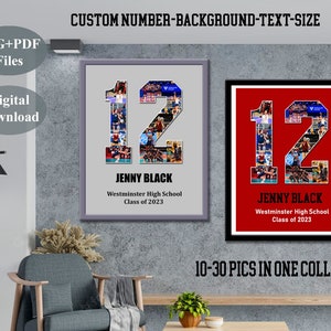 May include: Two framed digital collage prints of the number 12, made up of smaller photos. The background of one print is gray and the other is red. Both prints have the text "JENNY BLACK", "Westminster High School", and "Class of 2023". The text "10-30 PICS IN ONE COLLAGE" is below the prints.