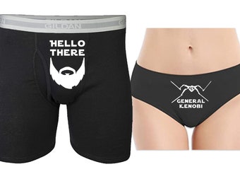 May include: A pair of black underwear with a white graphic print of a beard and the text "Hello There". A second pair of black underwear with a white graphic print of a lightsaber and the text "General Kenobi".