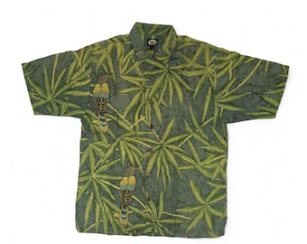 vintage - Chemise hawaïenne en lin Tommy Bahama : imprimé floral Love Bird, moyenne