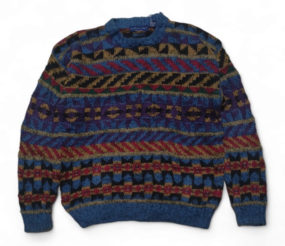 Vintage 80s NORTHERN ISLES Ethnic Striped Pattern Knit Ramie  