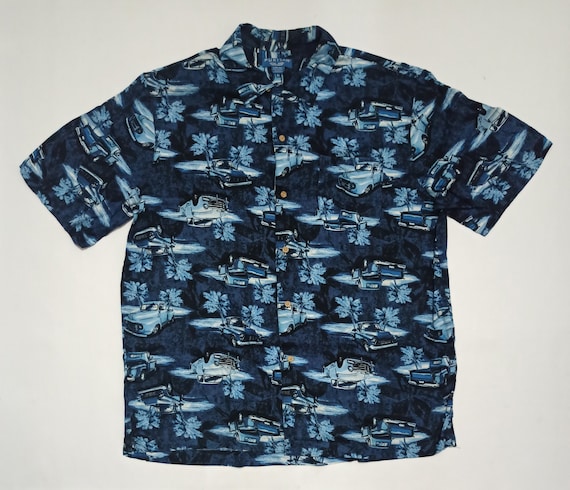Puritan Chevy Print Rayon Hawaiian Aloha Shirt Lar