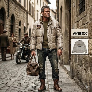 May include: A beige quilted puffer jacket with a high collar, front zipper, and snap buttons. The jacket features a patch on the chest and a vertical zippered pocket. A separate inset shows the back of the jacket with the text AVIREX.