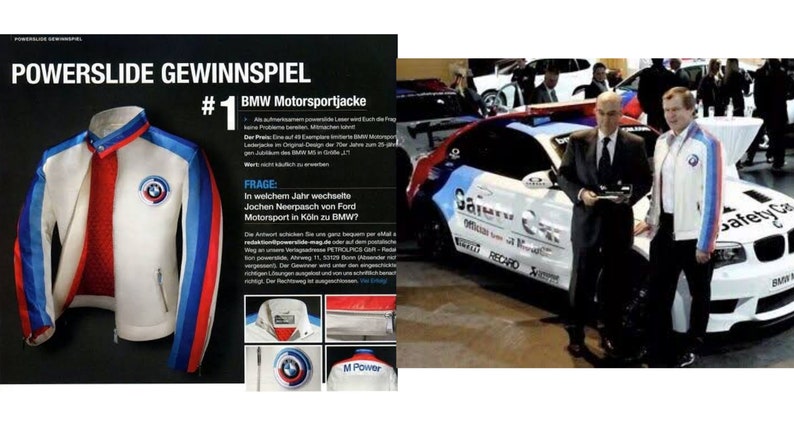 May include: A white leather jacket with blue, red and white stripes on the sleeves. The jacket has a BMW logo on the chest and the words "M Power" on the back. The jacket is displayed on a white background with text in German.