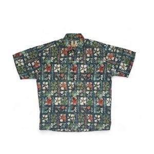 Vintage Kahala Floral Print Rayon Cotton Linen Hawaiian Aloha Shirt Large Made in Hawaii USA