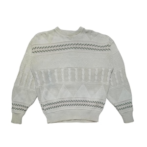 Vintage 90s CLAIBORNE Cable Knit Abstract Striped Motifs Pattern Knit Cotton Crewneck Sweater / Size L / Made in USA