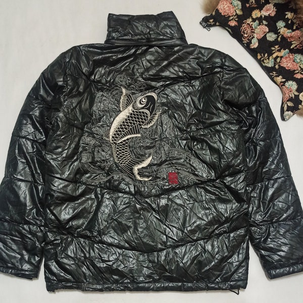 Vintage Karakuri Tamashii Sukajan Koi Flower Embroidered Detachable Hood Nylon Puffer Down Jacket