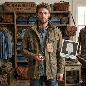 May include: An olive green field jacket with a high collar, four front pockets, and a button-down front. A tan tag attached to the jacket reads VINTAGE FIELD JACKET CIRCA 1967 EST. M-65. A small inset image shows a white label with text.