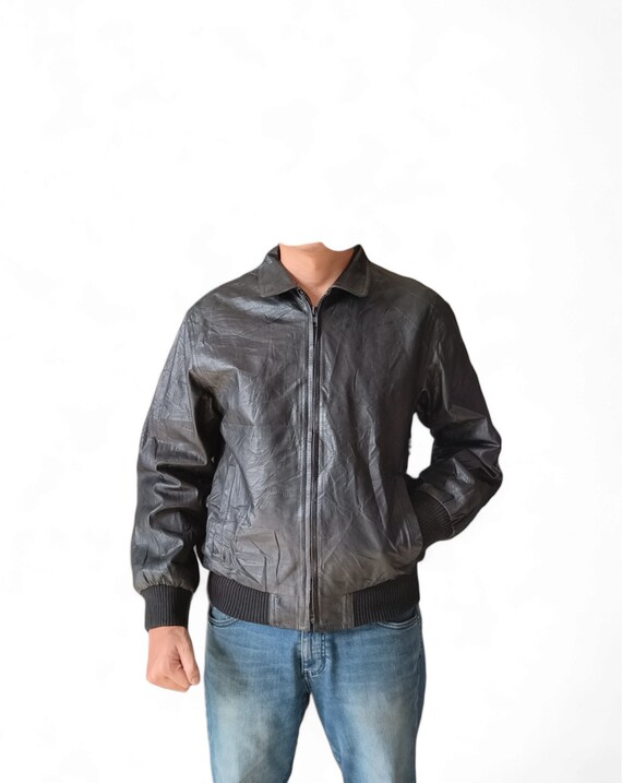 1990s Black Leather Bomber Jacket Free Shipping - The