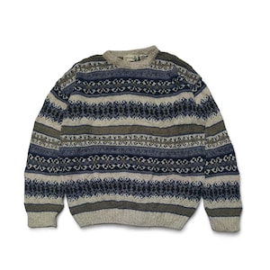 Vintage 80s FIELDMASTER Ethnic Striped Abstract Motifs Pattern Knit Cotton Acrylic Sweater / Size L / Made in USA