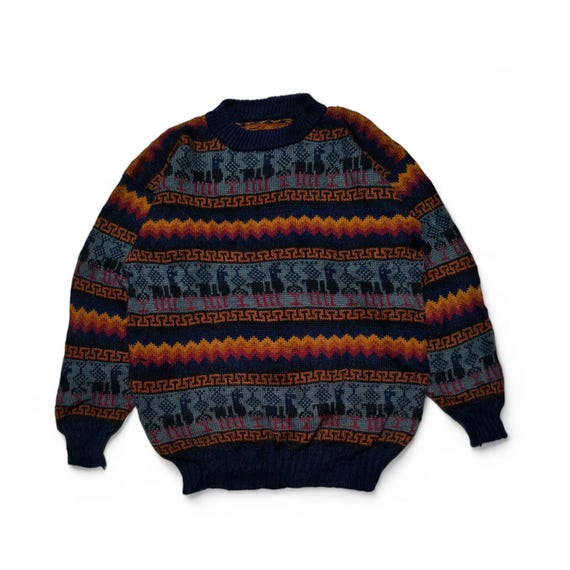 Vintage 90s Ethnic Striped Alpaca Motifs Pattern Knit