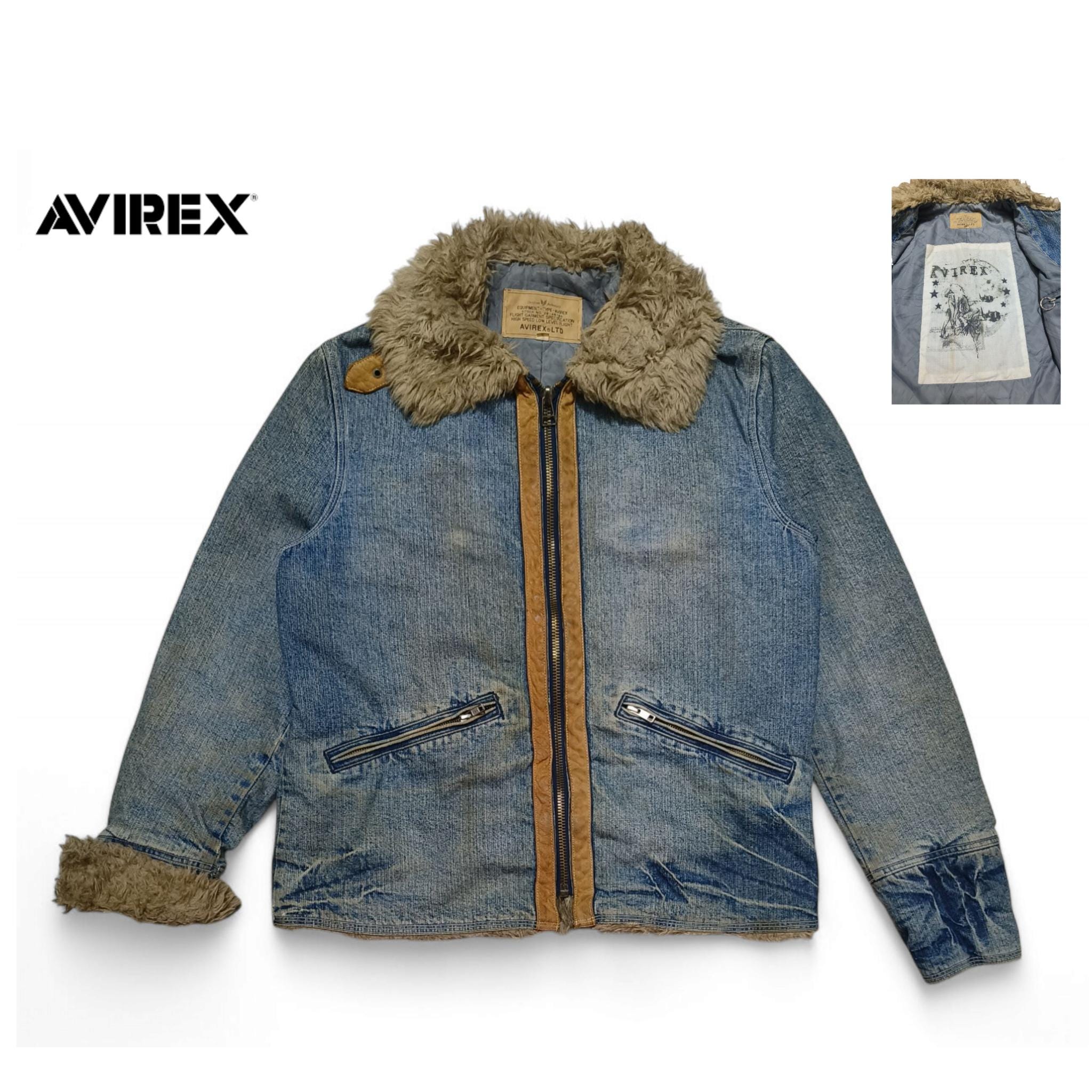 最安価！Avirex denim docking flight jacket Vintage AVIREX Denim Flight Jacket With Faux Fur Collar