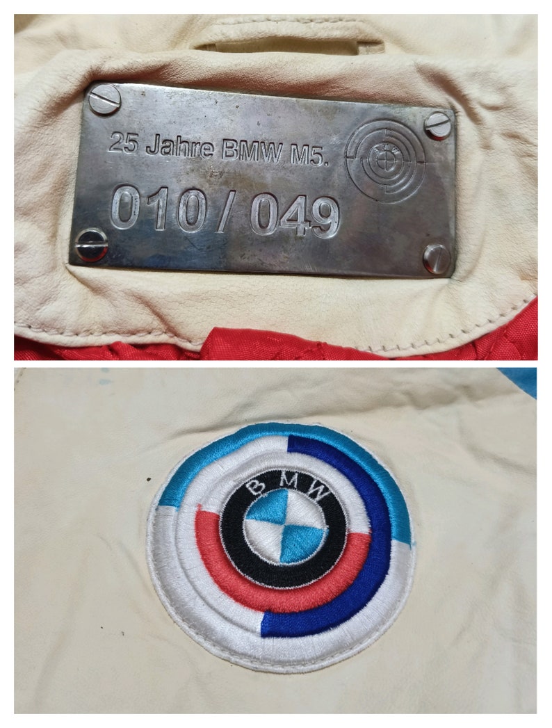 May include: A white leather jacket with a silver metal plate that says "25 Jahre BMW M5. 010/049" and a blue, red and white embroidered BMW logo.