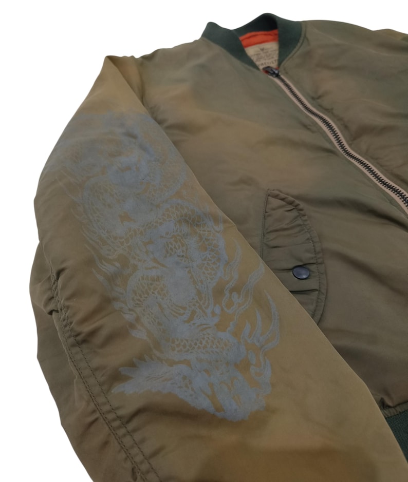 Puede incluir: Chaqueta bomber verde oliva con un dise&ntilde;o de drag&oacute;n en la manga izquierda. La chaqueta tiene cierre de cremallera, cuello verde oscuro y un bolsillo en la parte delantera. El dise&ntilde;o del drag&oacute;n es gris claro.