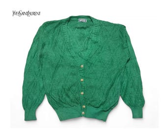 Vintage - 80s YSL Knit Cardigan: Openwork Green Sweater, Size L - Etsy