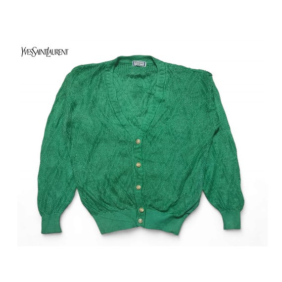 Vintage - 80s YSL Knit Cardigan: Openwork Green Sweater, Size L - Etsy