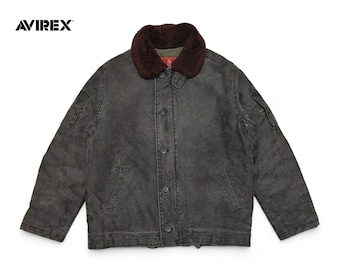 Vintage Avirex officersuniform militär USAAF sliten flygjacka med lammpälskrage storlek L