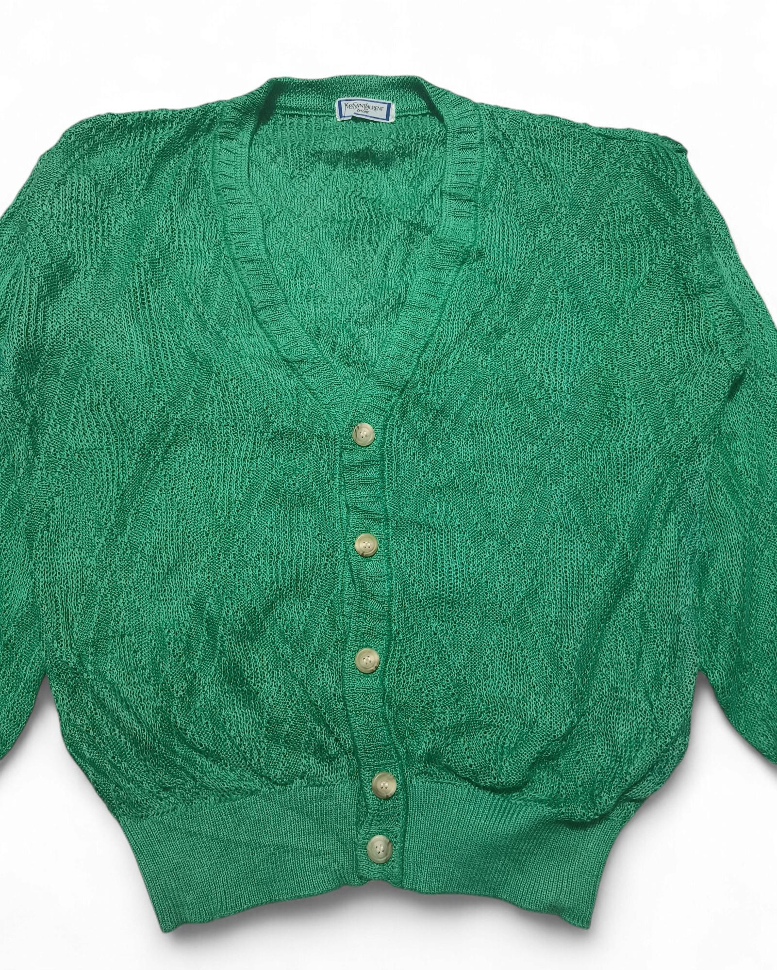 Vintage - 80s YSL Knit Cardigan: Openwork Green Sweater, Size L - Etsy