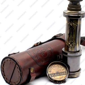 Pirate Brass Telescope, Spyglass Collapsible Monocular Decorative Telescope with Glass Optics for Kids with Lid and Finish by Black Antique