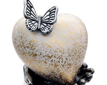 White & Gold Heart Keepsake Urn - Large Heart Cremation Urn with Hand Shape Stand, Butterfly Heart Cremation Urn - Hand Painted and Engraved