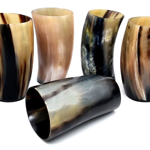 Viking Drinking Horn Tumblers Set of 5 – Handmade Cups for Wine Beer Ale - Safe and Unique Drink Cup. Norse Drinking Beer Mug 8-10oz Ox Horn