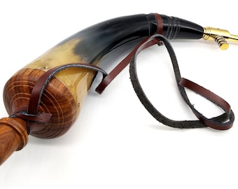 5MoonSun5's Hand Carved Black Powder Horn with Leather Strap Civil War Re-Enactment Colonial Civil War Revolutionary Mountain Man -15 inch
