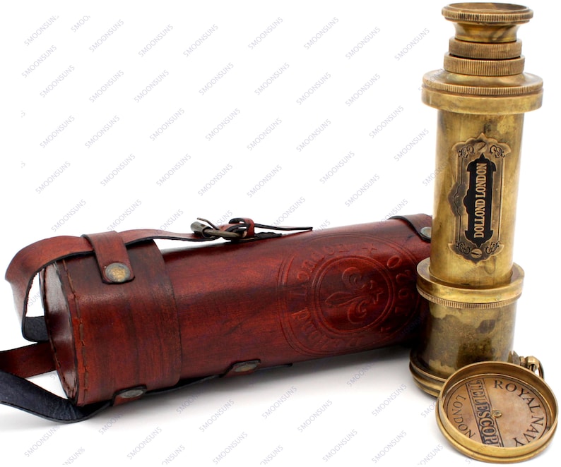 Pirate Brass Telescope, Spyglass Collapsible Monocular Decorative Telescope with Glass Optics for Kids with Lid and Commando Antique Finish image 1